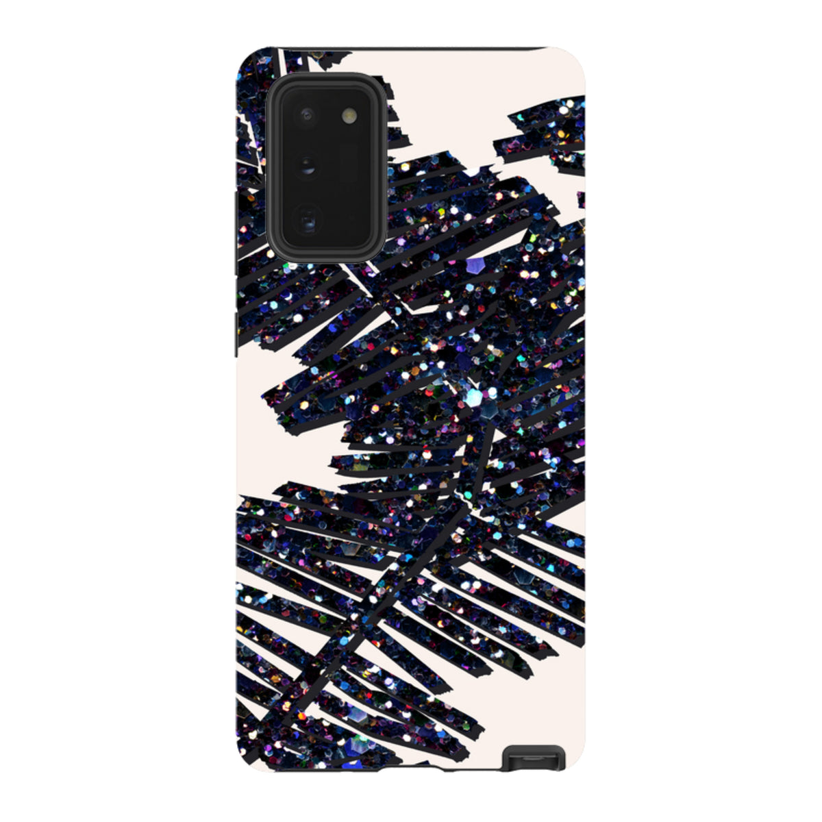 Samsung Tough Case featuring a black palm leaf design with glittery, multi-colored accents on a light background.