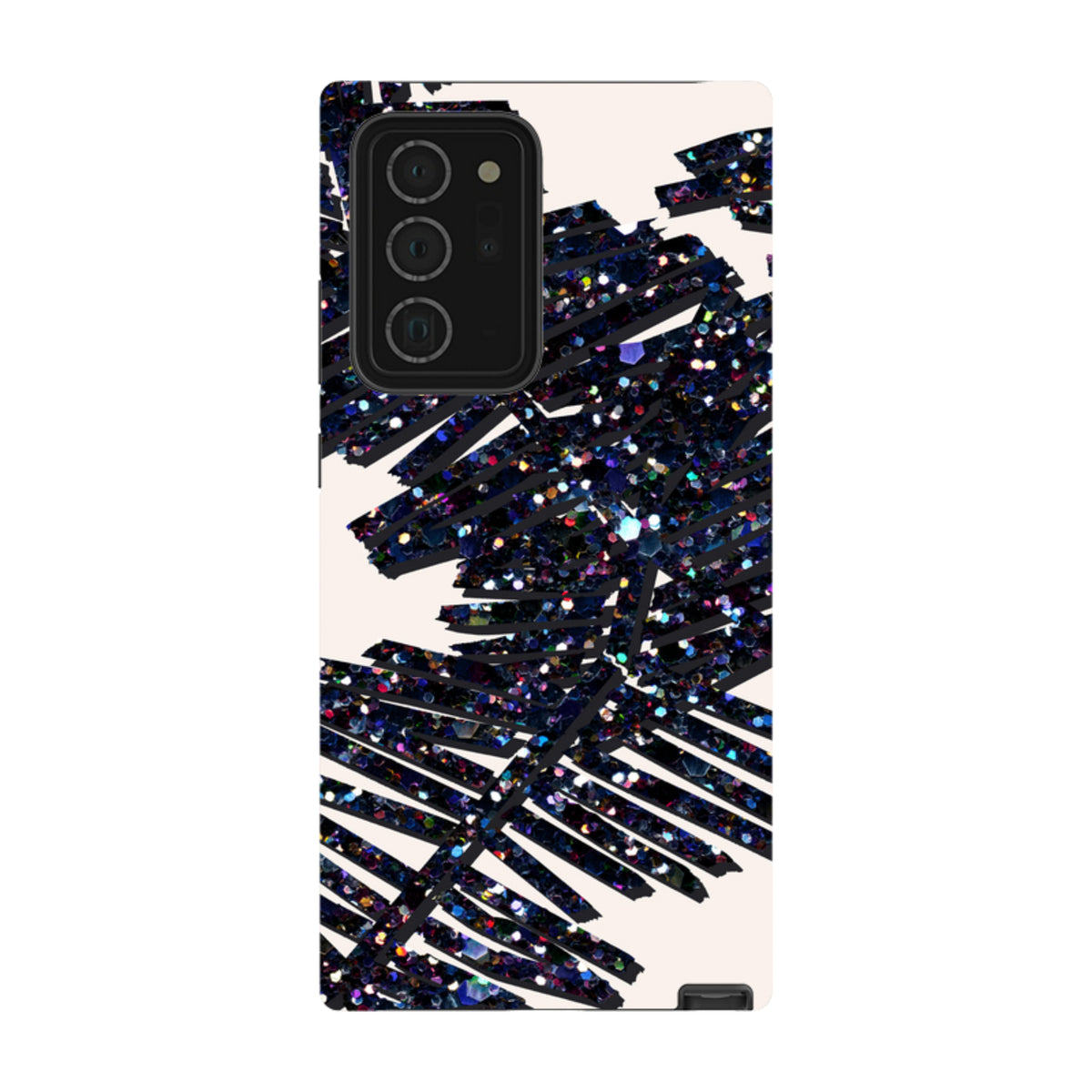 Samsung Tough Case featuring a dark, glittery palm leaf design by Kitty Joseph on a cream background.