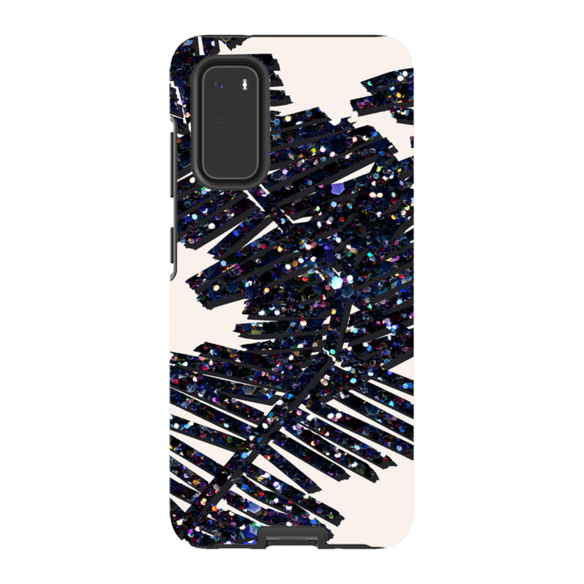 Samsung Tough Case featuring a black glittery palm leaf design on a cream background with dual-layer protection.