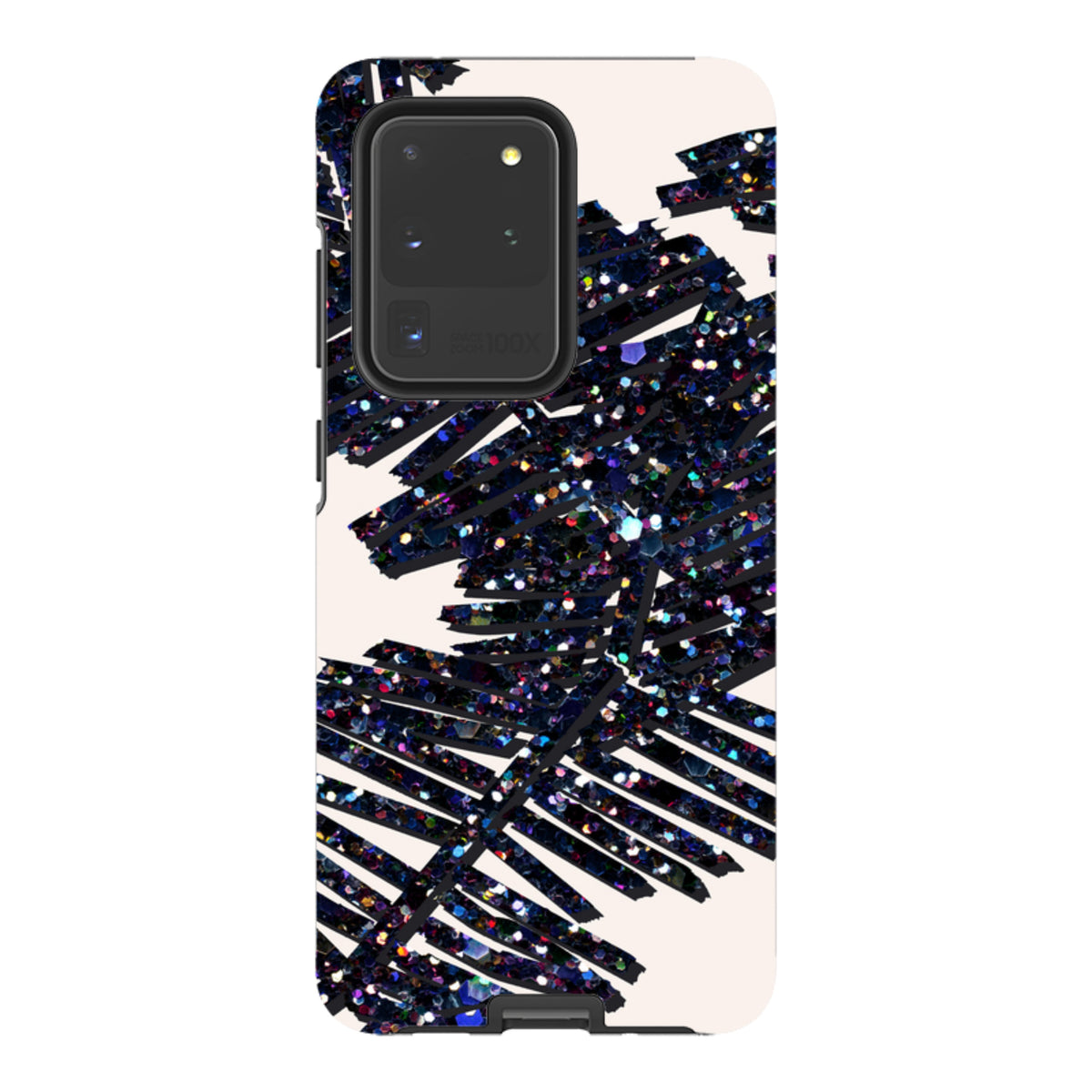 Samsung Tough Case with a dark, glittery palm leaf design on a cream background for Galaxy phones.
