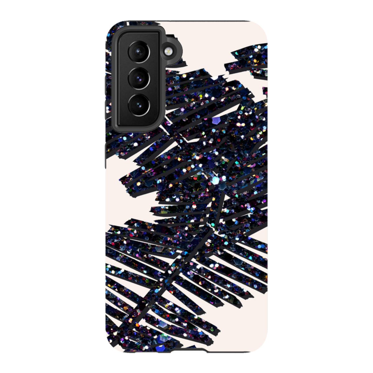 Samsung Tough Case featuring a black palm leaf design with sparkling glitter accents on a light background.