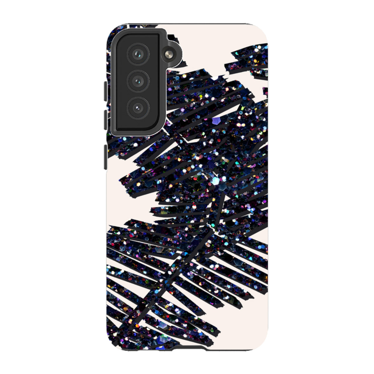 Samsung Tough Case featuring a black palm leaf design with dark, glittery textures on a light background for Galaxy phones.