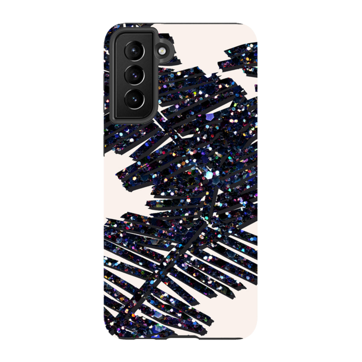 Samsung Tough Case featuring a black palm leaf design with glittery, multicolored accents on a cream background.