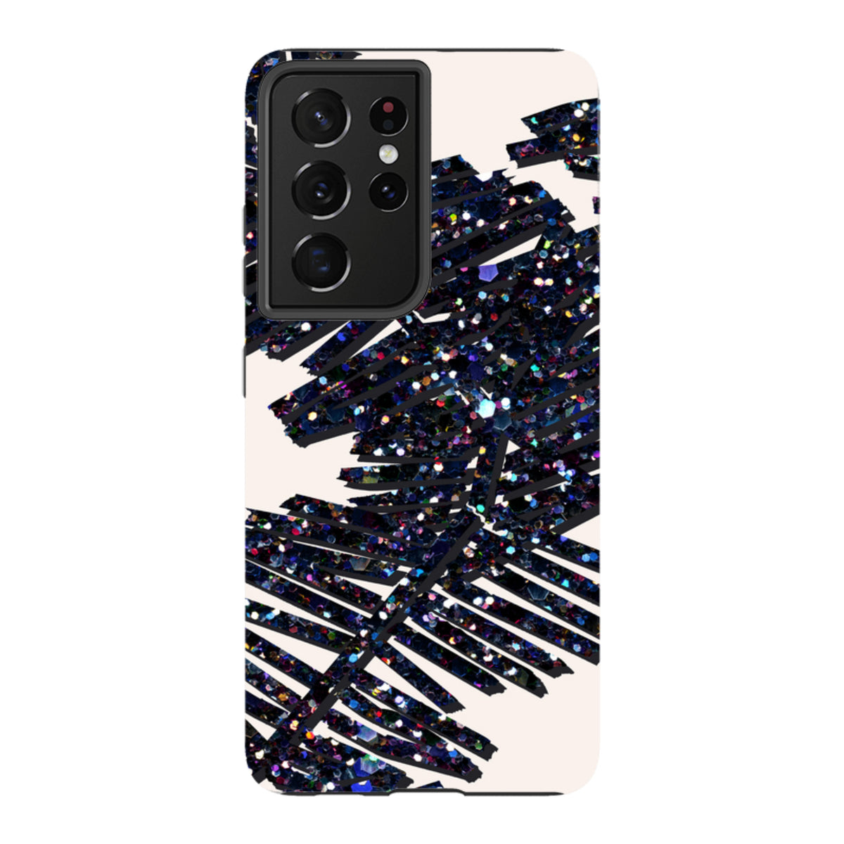 Samsung Tough Case featuring a black glittery palm leaf design on a cream background for Galaxy phones.