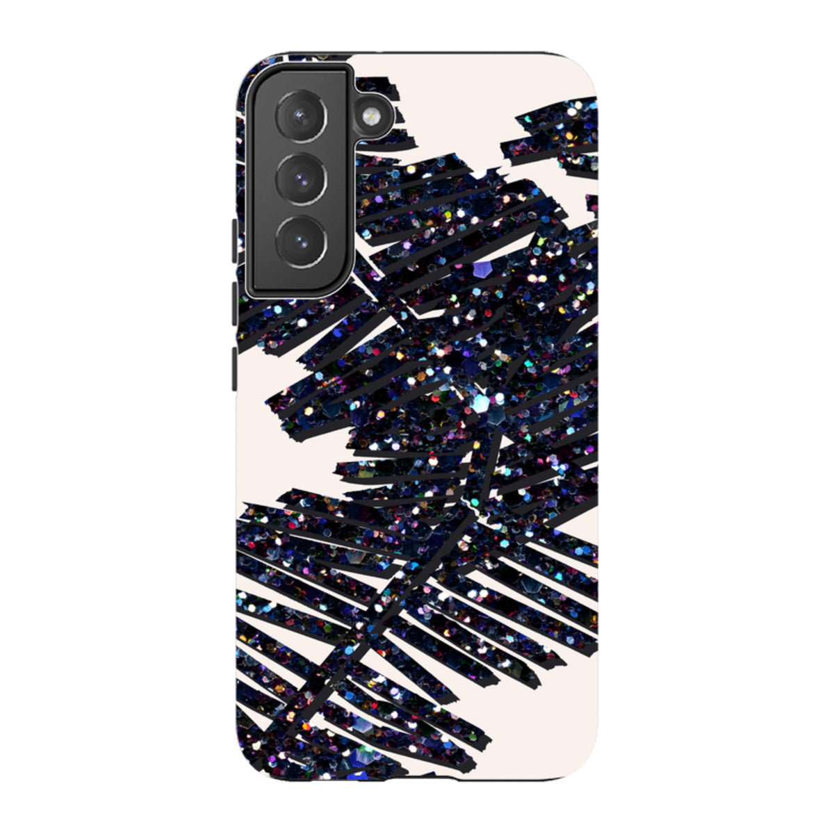Samsung Tough Case featuring a black palm leaf design with sparkling glitter accents on a light background.