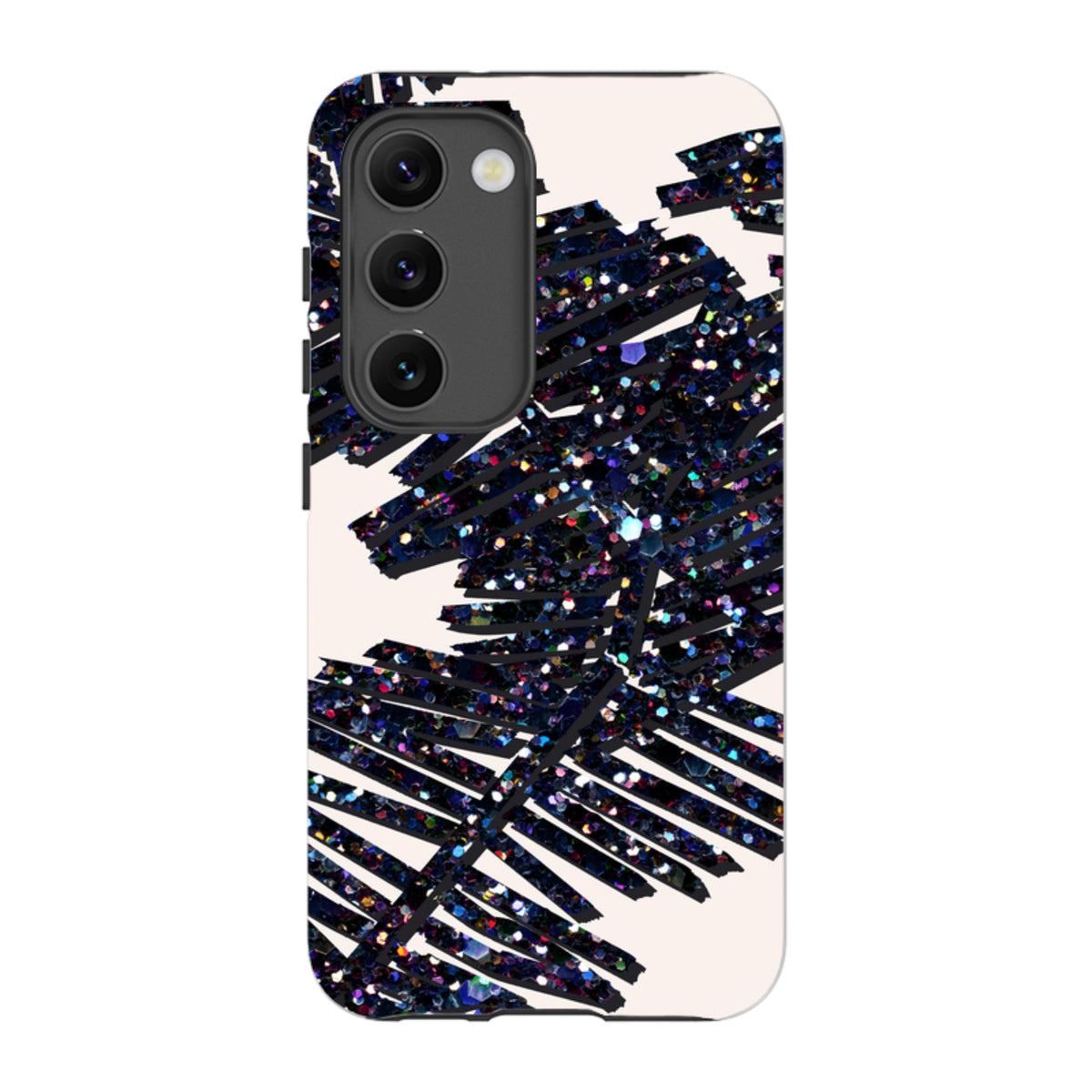 Samsung Tough Case featuring a black palm leaf design with glittery, multicolored accents on a cream background.