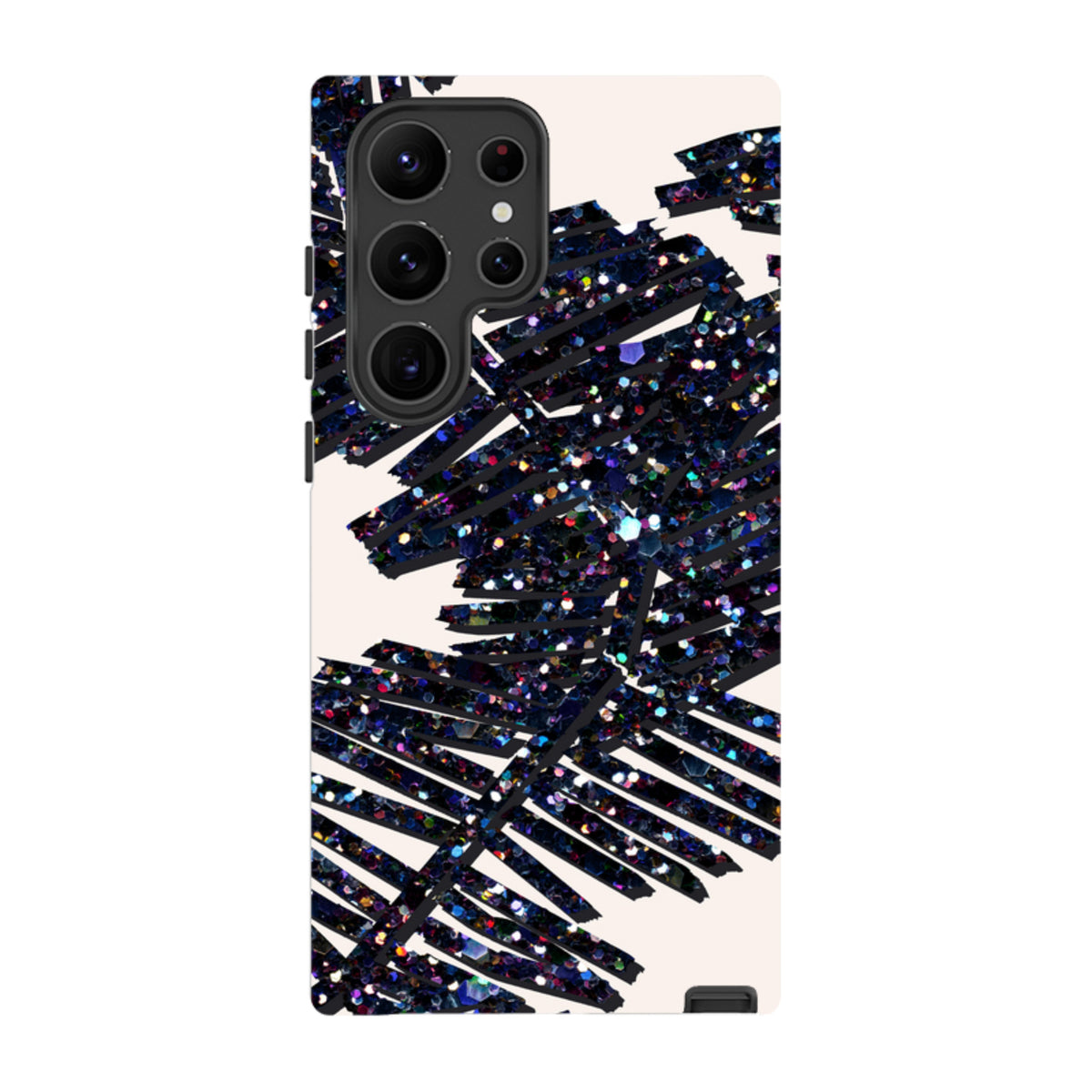 Samsung Galaxy tough case featuring a black palm leaf design with vibrant, multicolored glitter on a light background.