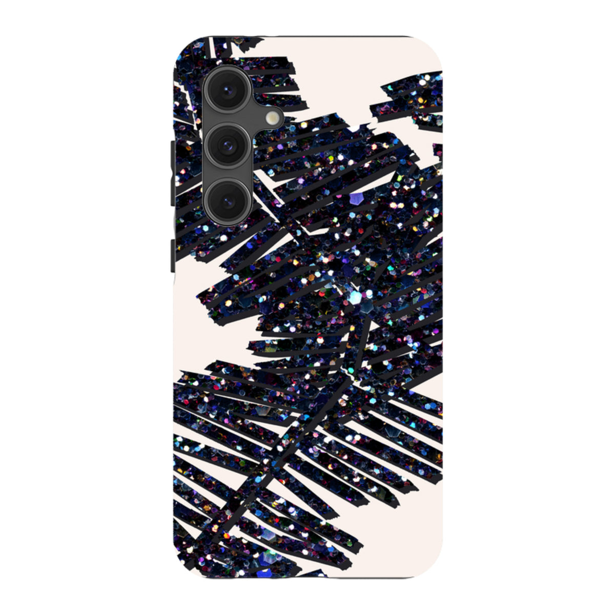 Samsung Tough Case featuring a black glittery palm leaf pattern on a cream background with a triple-lens camera cutout.