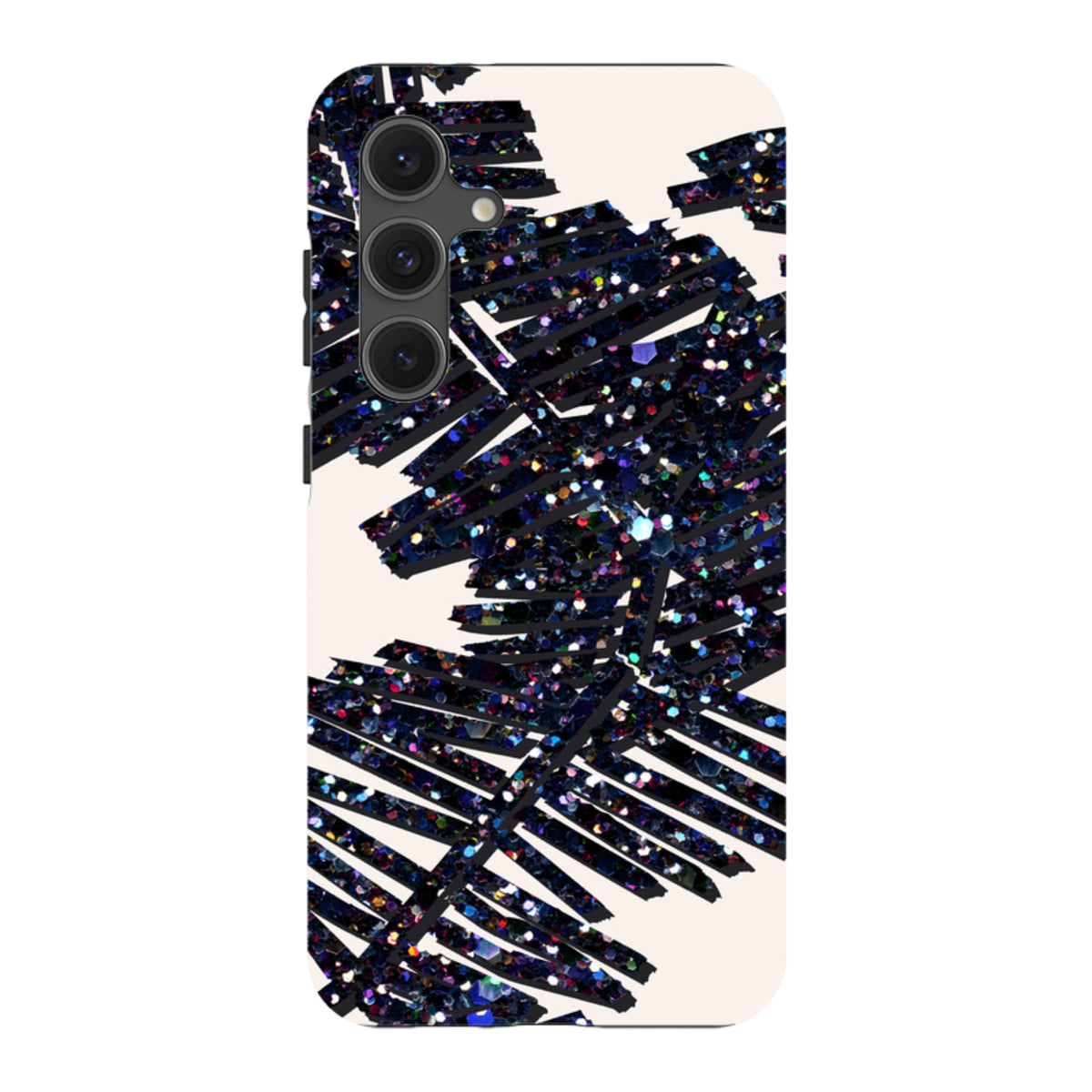 Samsung Tough Case featuring a black glittery palm leaf design on a cream background with a triple-lens camera cutout.