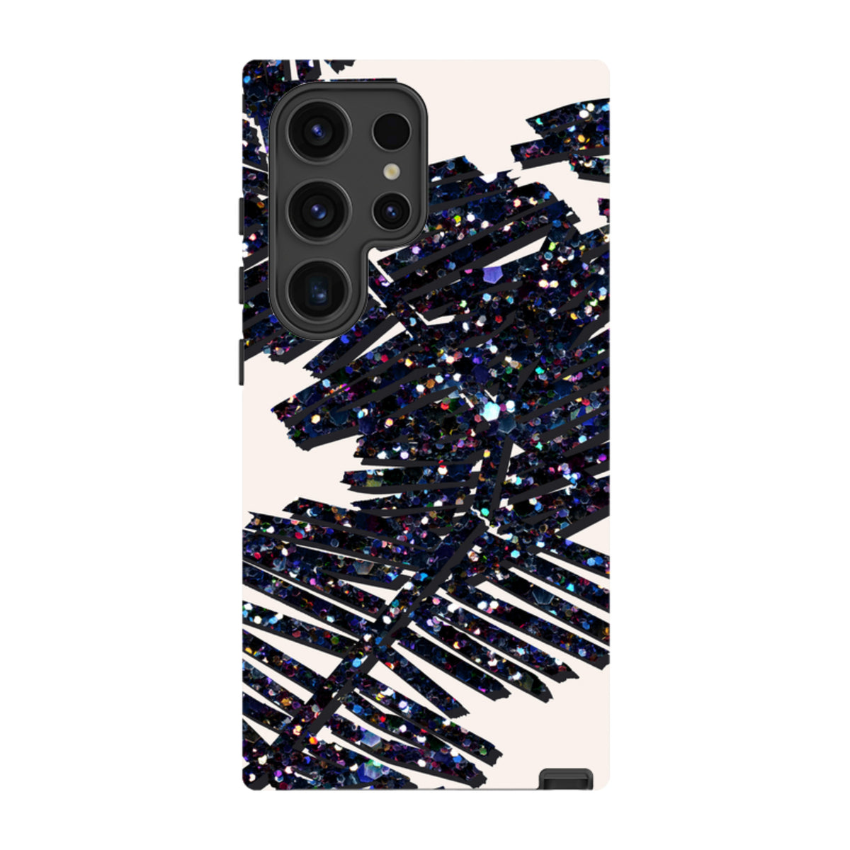 Samsung Galaxy tough case with a black glittery palm leaf design on a cream background and dual-layer protection.