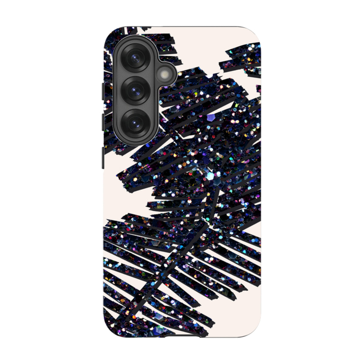 Samsung Tough Case featuring a black palm leaf design with sparkling glitter accents on a light background.