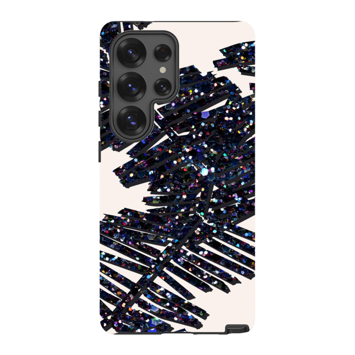 Samsung Galaxy tough case featuring a Night Palm design with black glittery palm leaf patterns on a cream background.