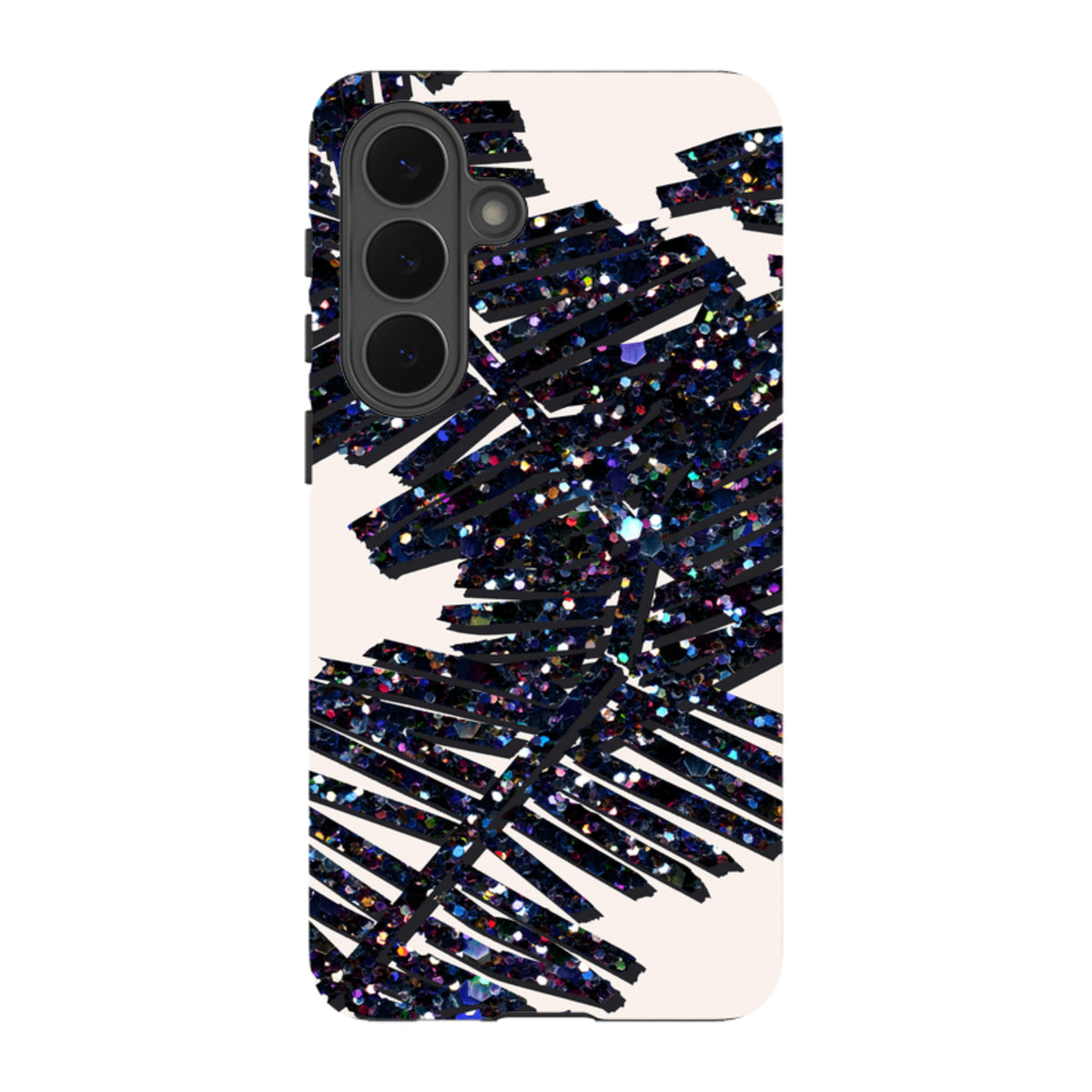Samsung tough phone case featuring a black glittery palm leaf design on a cream background with dual-layer protection.