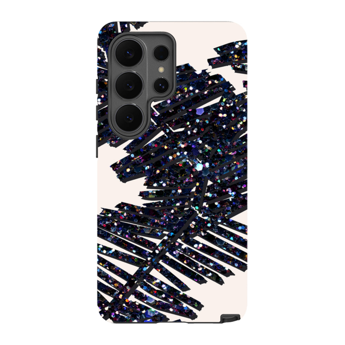 Samsung Tough Case featuring a black palm leaf design with glittery, multicolored accents on a cream background.