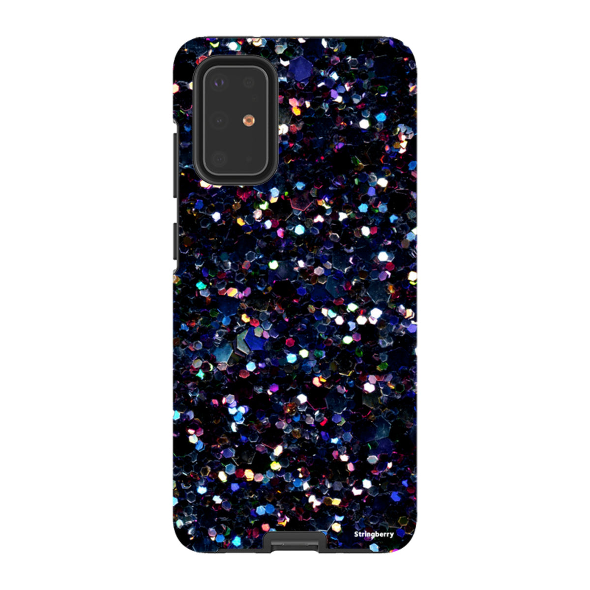 Samsung Tough Case featuring a flat, non-glitter Night Sky print with vibrant blue and purple hexagonal patterns.