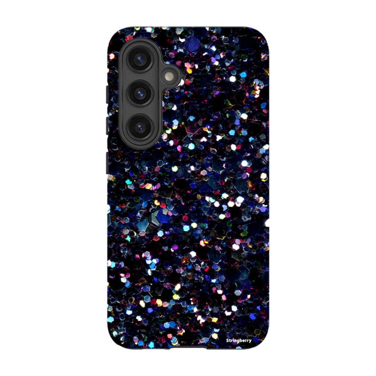 Samsung Galaxy tough case featuring a matte Night Sky print with colorful geometric shapes on a dark background.