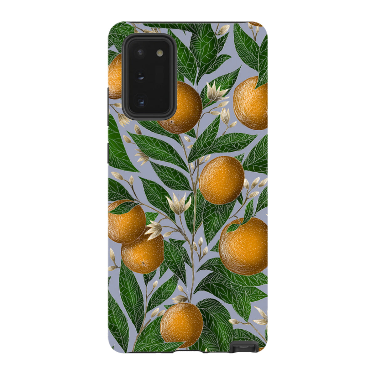 Samsung Tough Case featuring Catherine Rowe's orange fruit and green leaf botanical art on a light blue background.