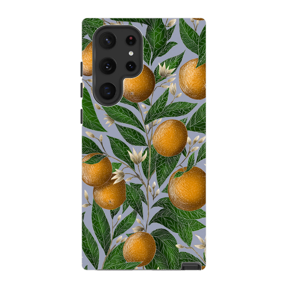 Samsung Tough Case featuring Catherine Rowe’s orange fruit and green leaf botanical illustration on a light grey background.