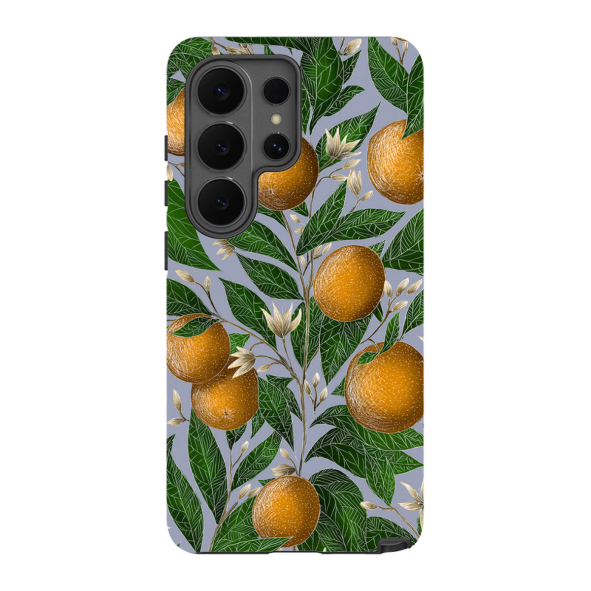 Samsung Tough Case featuring Catherine Rowe’s orange fruit and leaf botanical illustration on a light blue background.