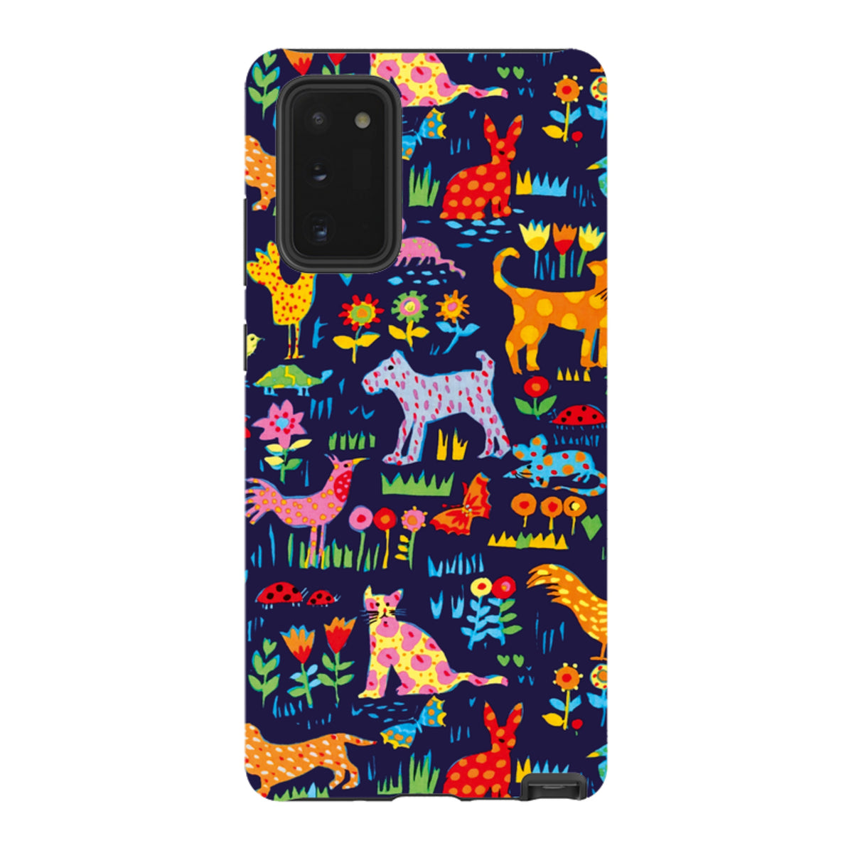 Samsung Tough Case featuring Sarah Campbell’s vibrant Our Yard animal and floral pattern on a dark blue background.