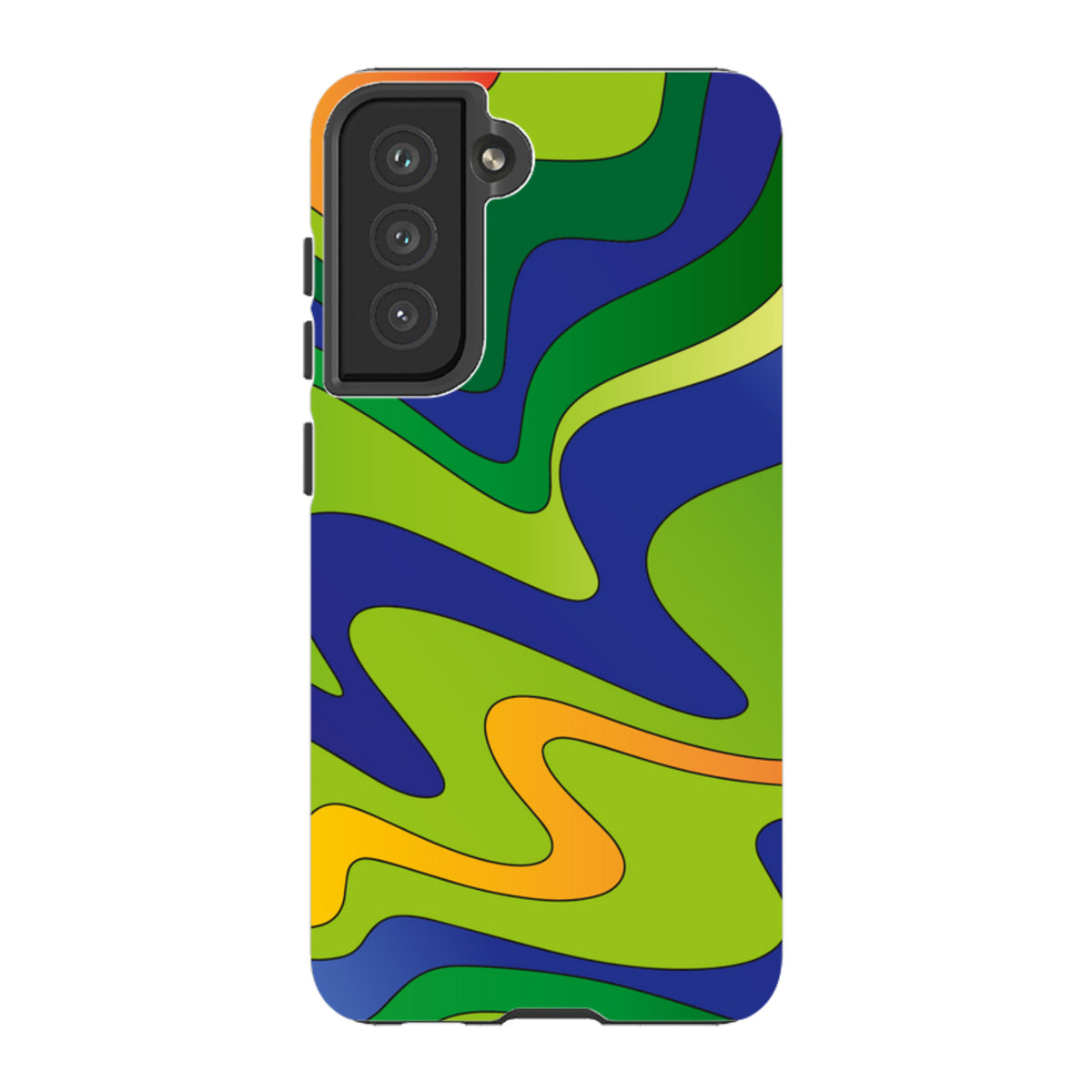 Samsung Tough Case featuring a vibrant, wavy abstract pattern in blue, lime green, and orange on a dual-layer phone cover.