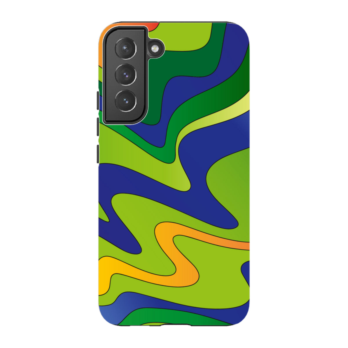Samsung Galaxy tough case featuring a vibrant, wavy abstract pattern in shades of blue, lime green, and orange.