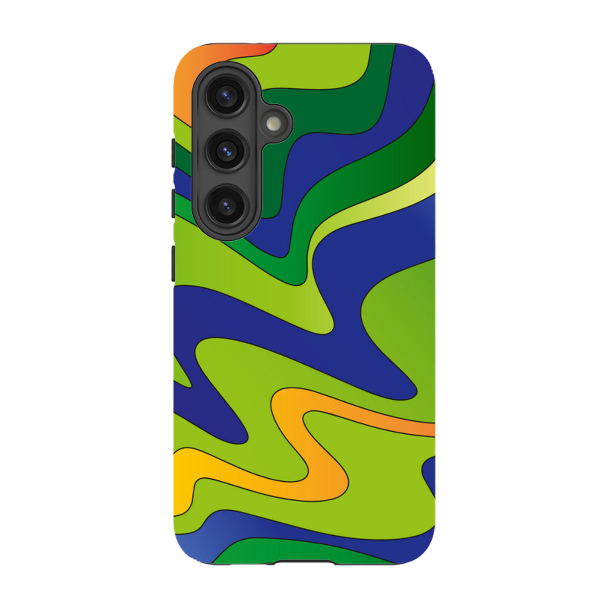 Samsung tough phone case with a vibrant blue, green, and orange wavy abstract pattern and triple-lens camera cutout.