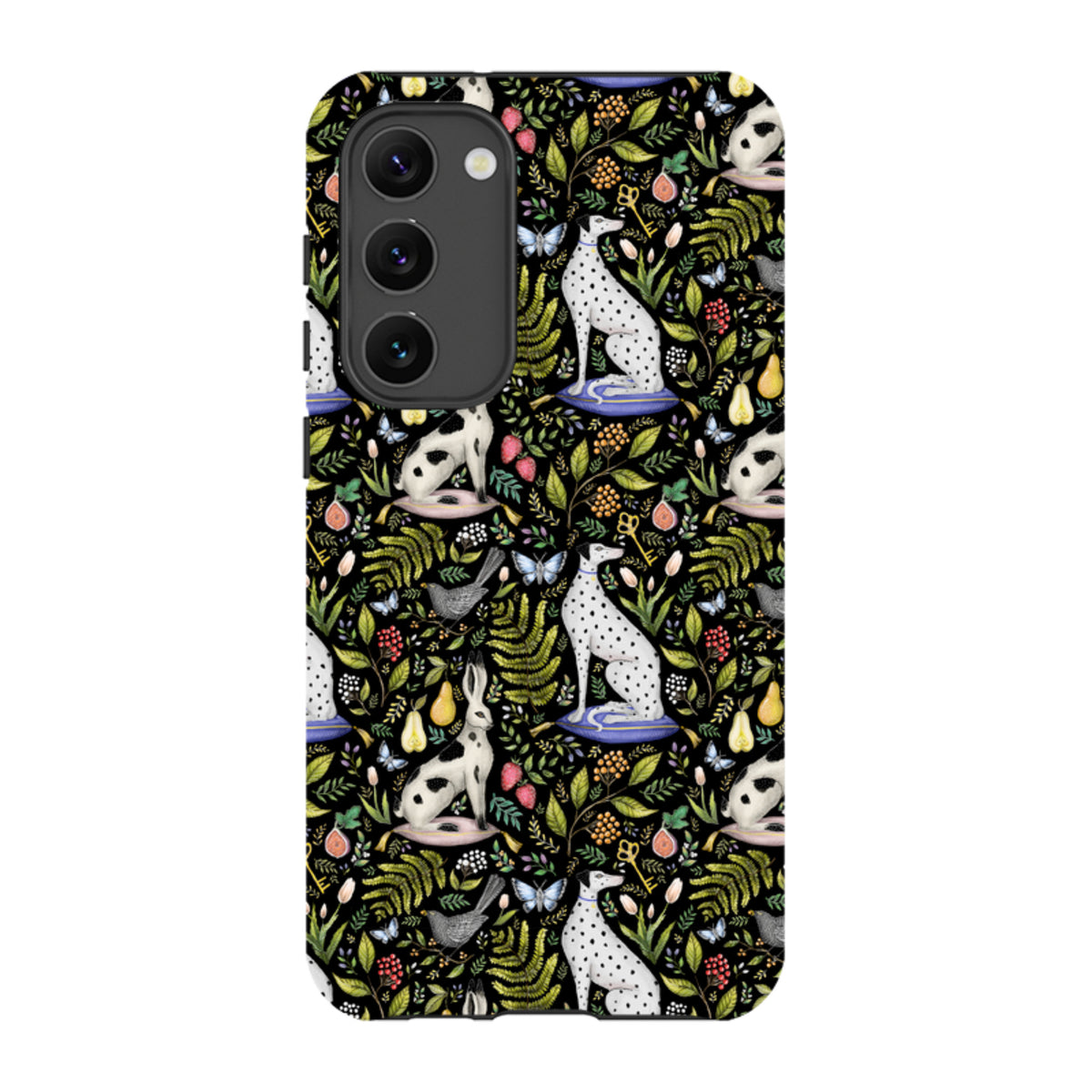 Samsung Tough Case featuring Catherine Rowe’s Palace Gardens print with dalmatians, hares, and botanical motifs on black.