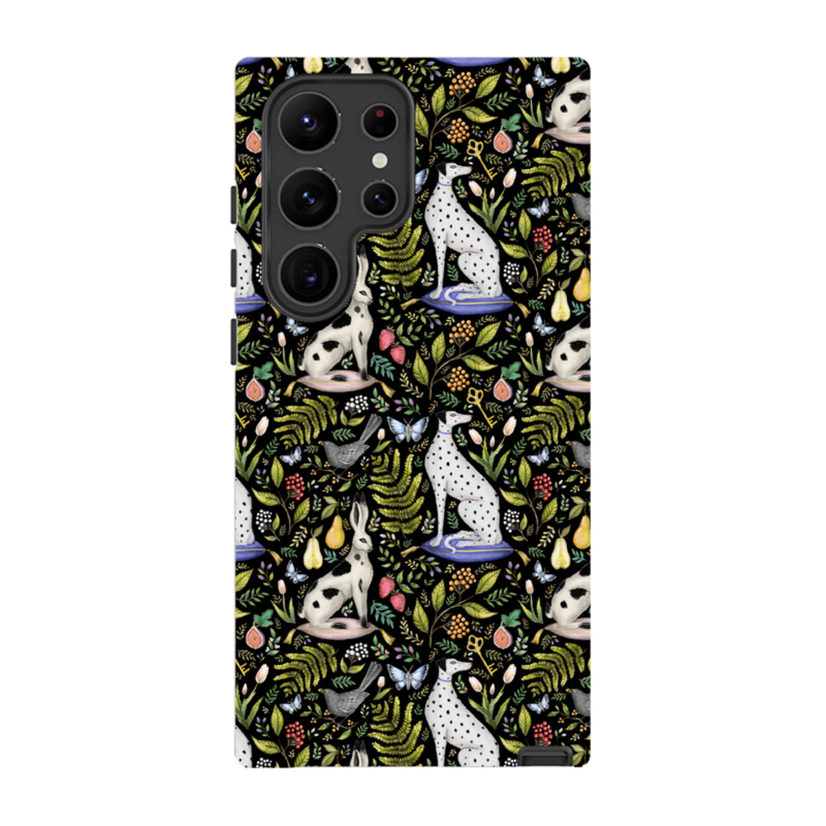 Samsung Tough Case featuring Catherine Rowe’s Palace Gardens print with dalmatians, hares, and botanical motifs on black.