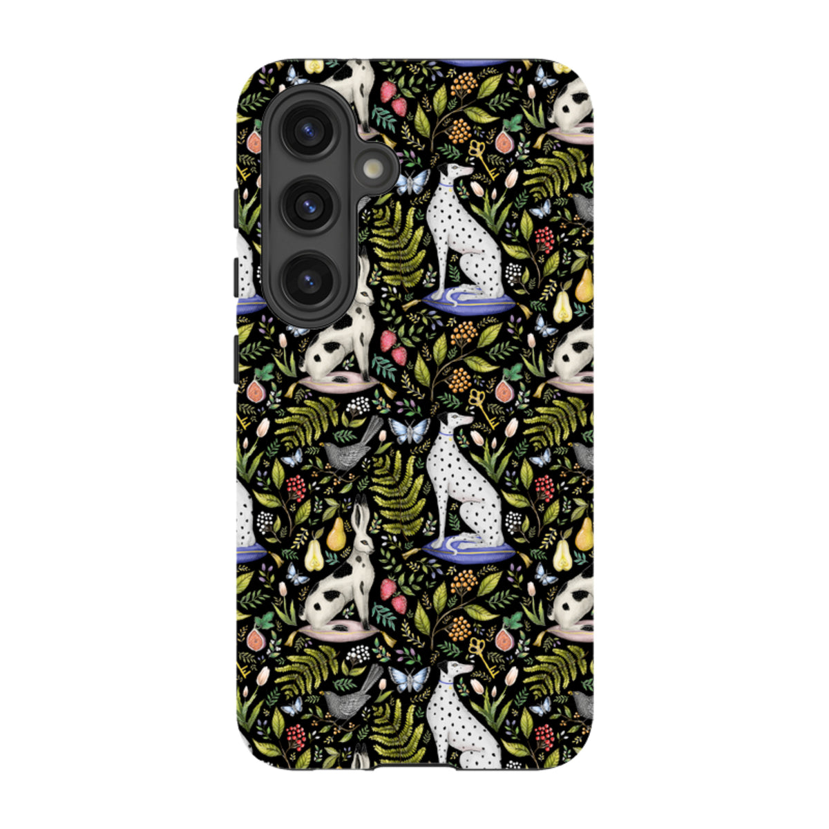 Samsung Tough Case featuring Catherine Rowe’s Palace Gardens print with dalmatians, hares, and botanical art on black.