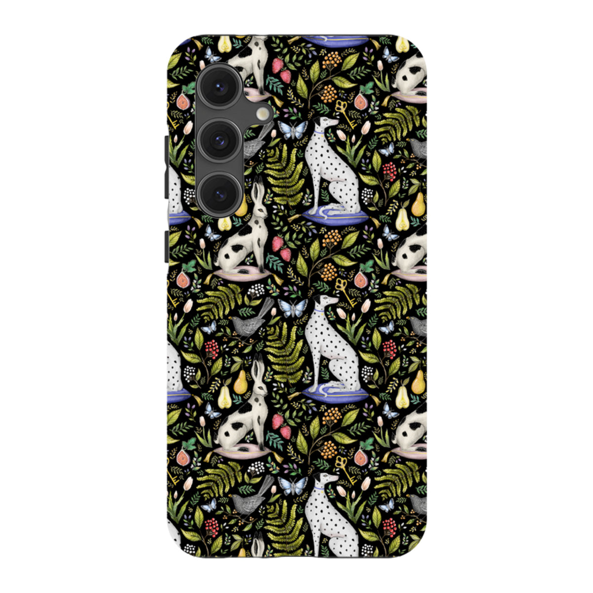 Samsung Tough Case featuring Catherine Rowe’s Palace Gardens print with spotted dogs, rabbits, and botanical motifs on black.