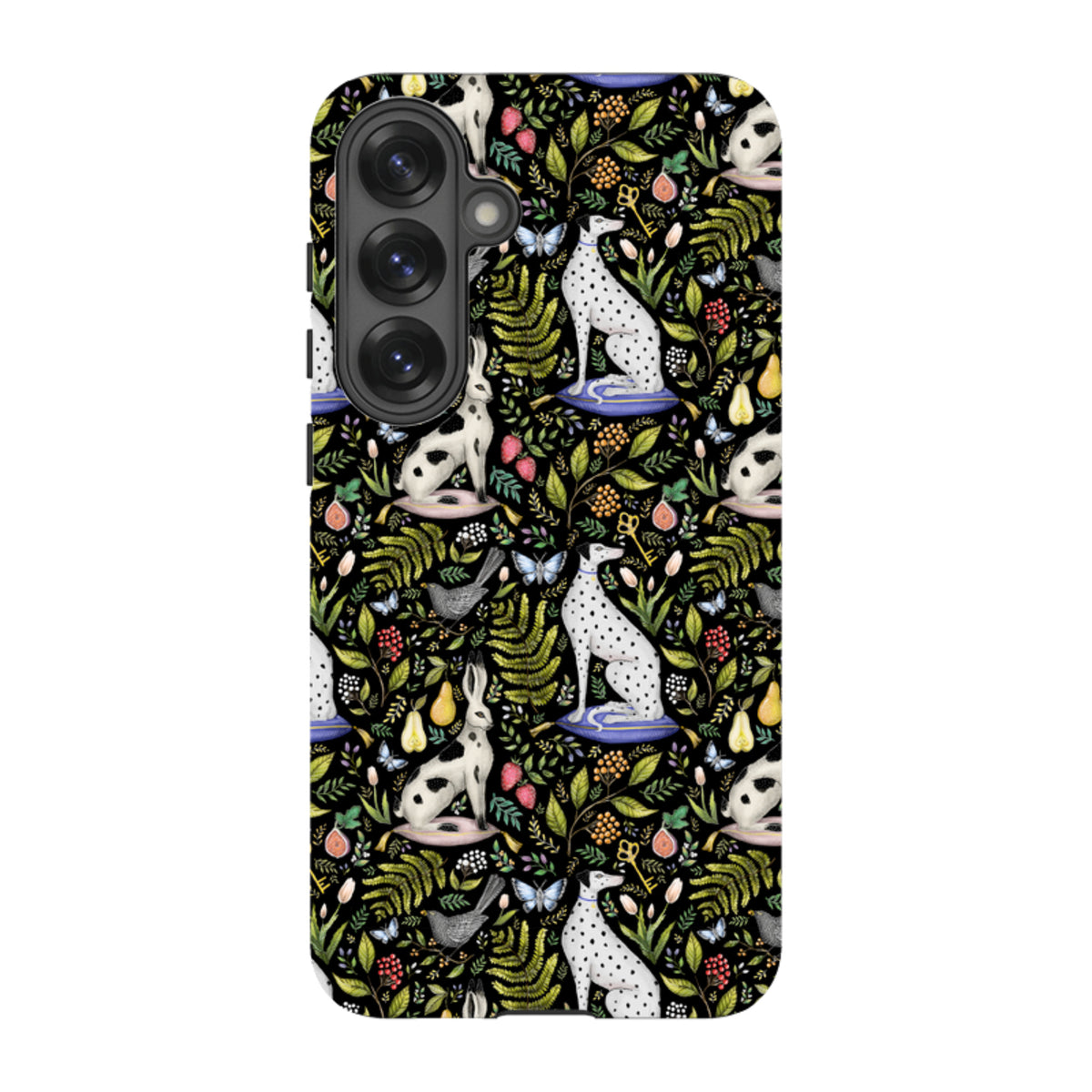 Samsung Tough Case featuring Catherine Rowe’s Palace Gardens print with dalmatians, rabbits, and foliage on black.