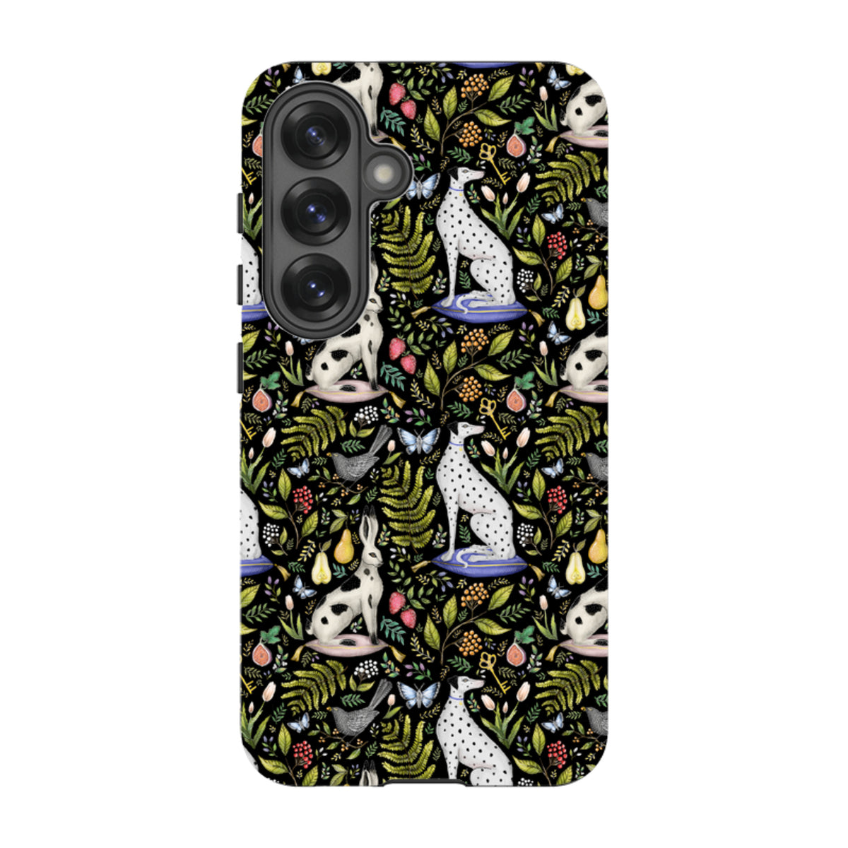 Samsung Tough Case featuring Catherine Rowe’s Palace Gardens print with dalmatians, hares, and botanical motifs on black.
