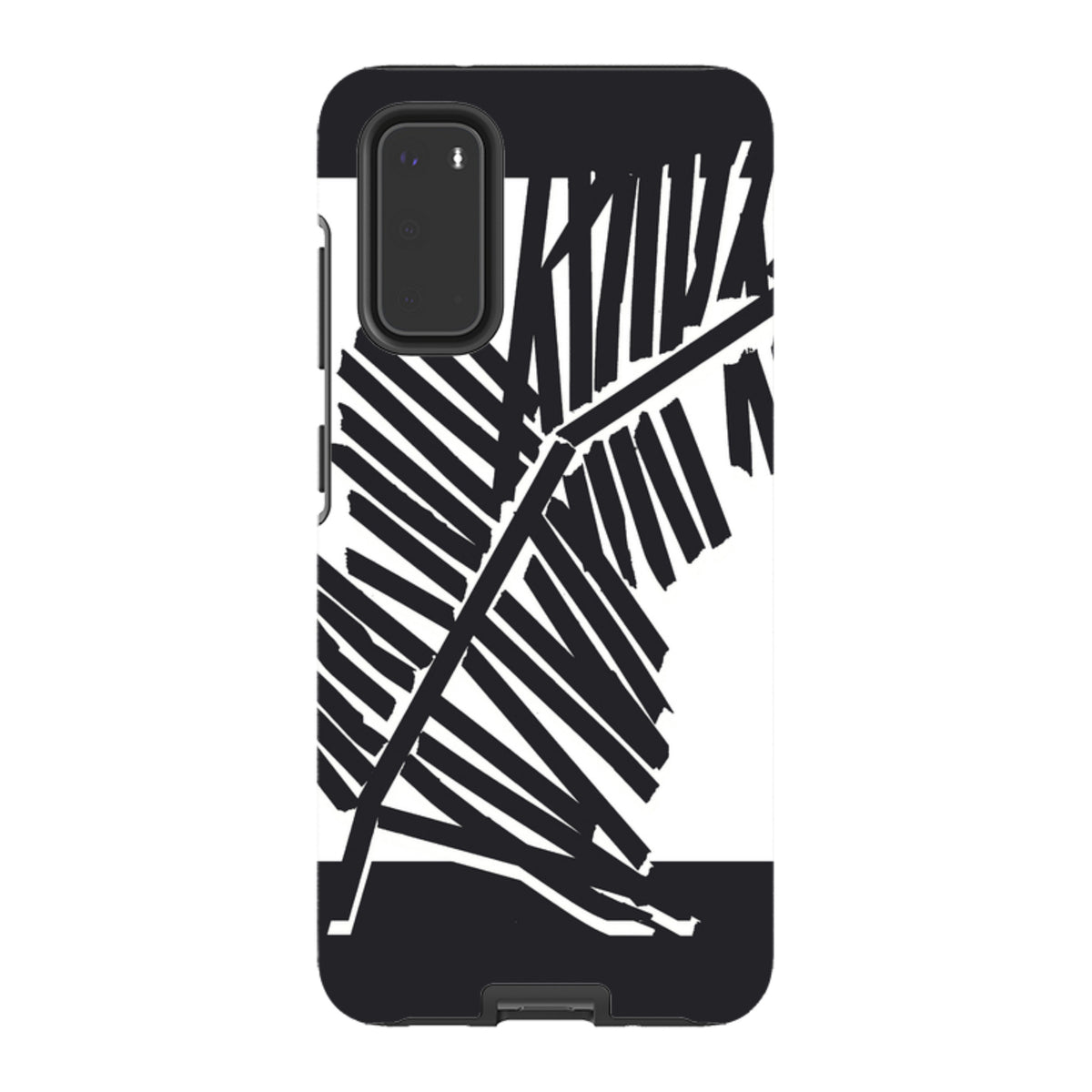 Samsung Tough Case featuring a black and white palm leaf silhouette design with a dual-layer protective shell.