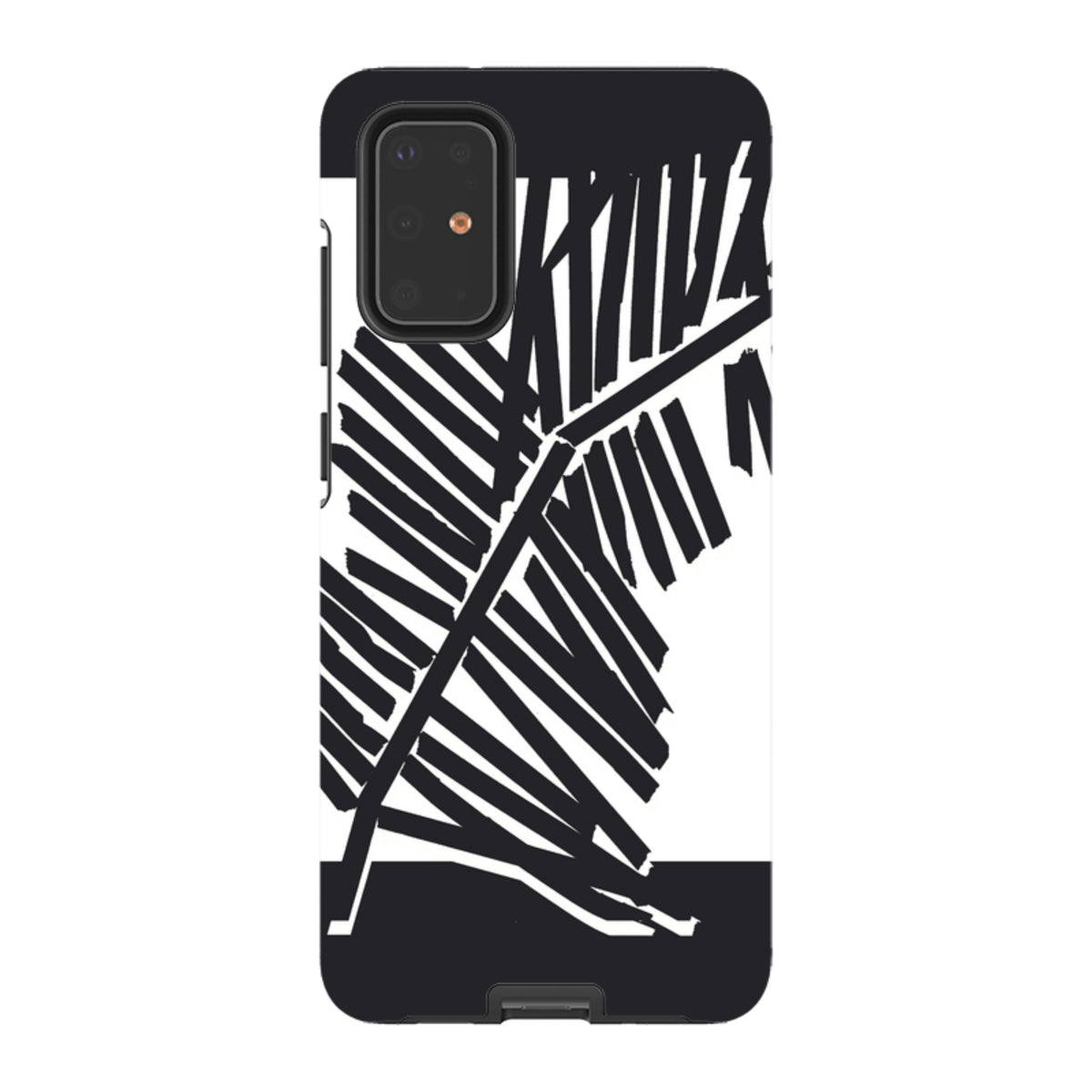 Samsung Tough Case featuring a bold black and white palm leaf silhouette design with a dual-layer protective shell.