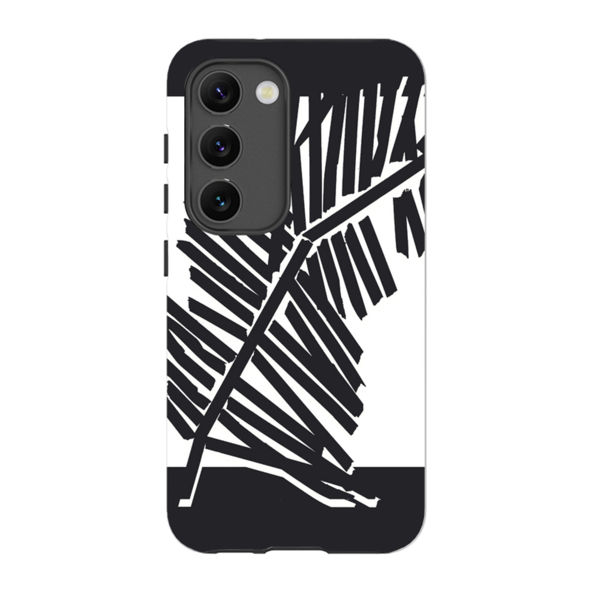 Samsung Tough Case featuring a black and white abstract palm leaf design on a durable dual-layer protective phone cover.