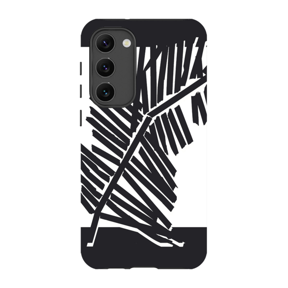 Samsung Tough Case featuring a black and white palm leaf silhouette design with dual-layer protection and camera cutouts.