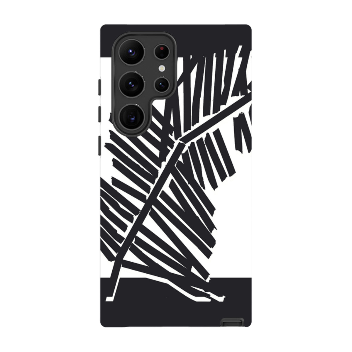 Samsung Tough Case featuring a black and white palm leaf silhouette design on a durable dual-layer phone cover.