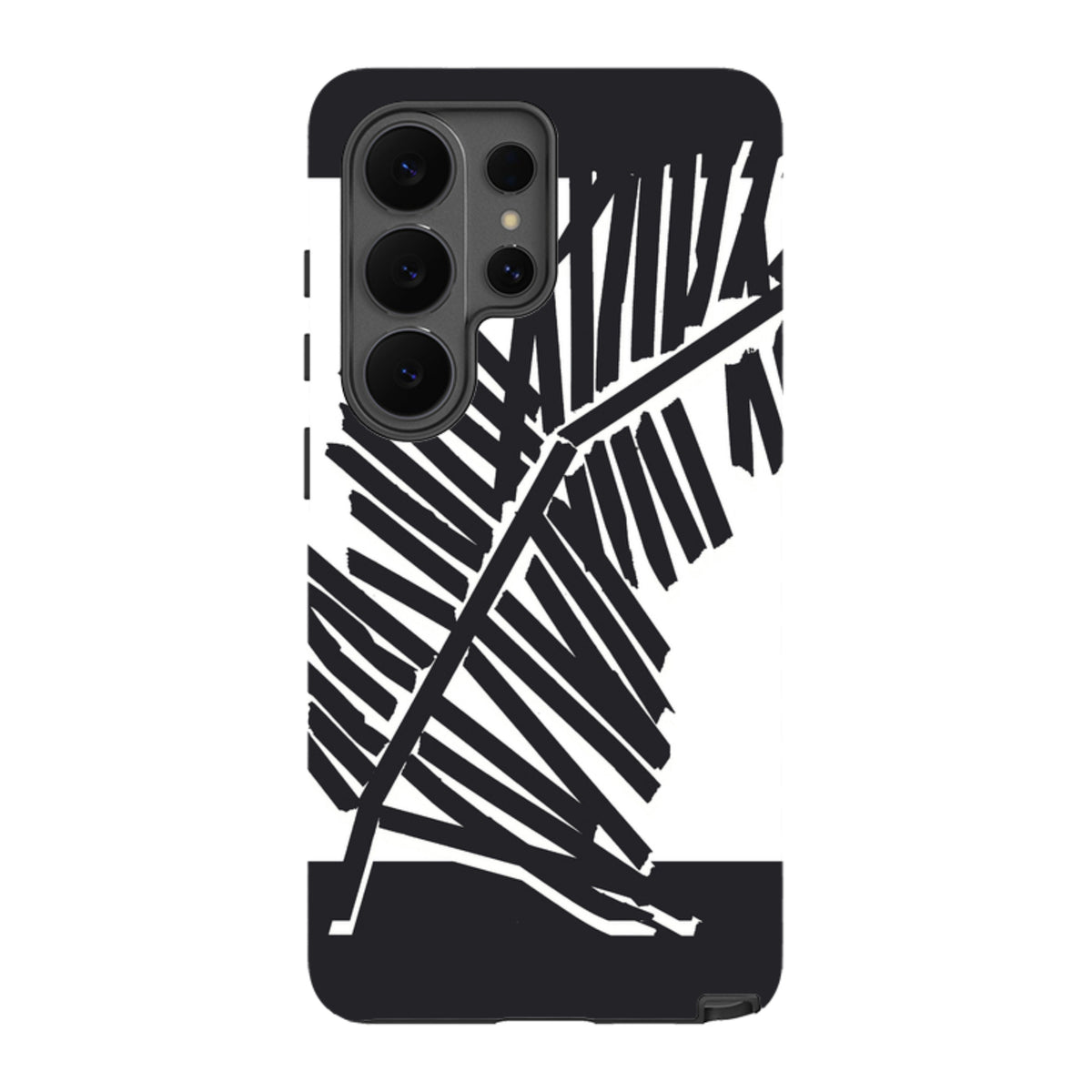Samsung Tough Case featuring a black and white palm leaf silhouette design on a dual-layer protective phone cover.
