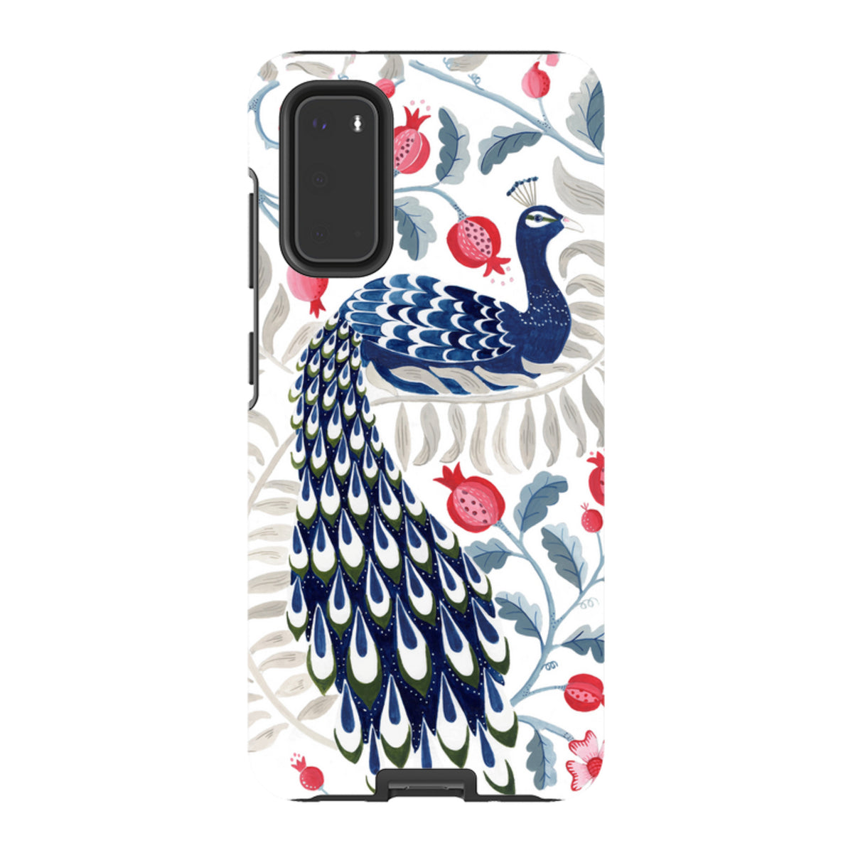 Samsung Tough Case featuring a vibrant blue peacock and red pomegranate floral art on a white background.