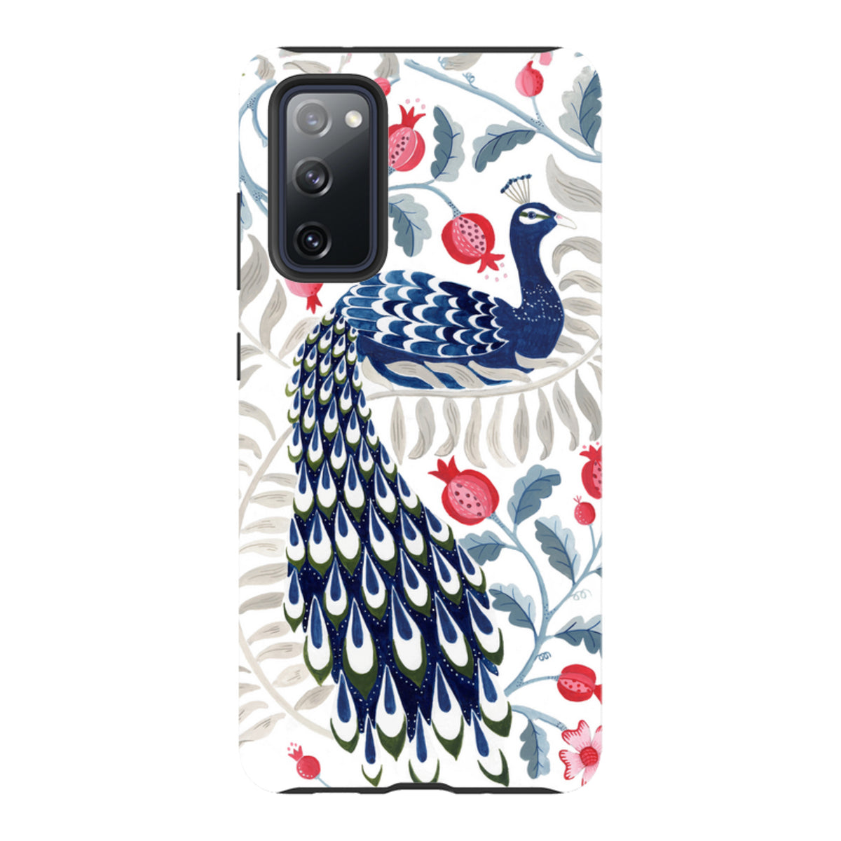Samsung Tough Case featuring a vibrant blue peacock and red pomegranate floral art on a white background.