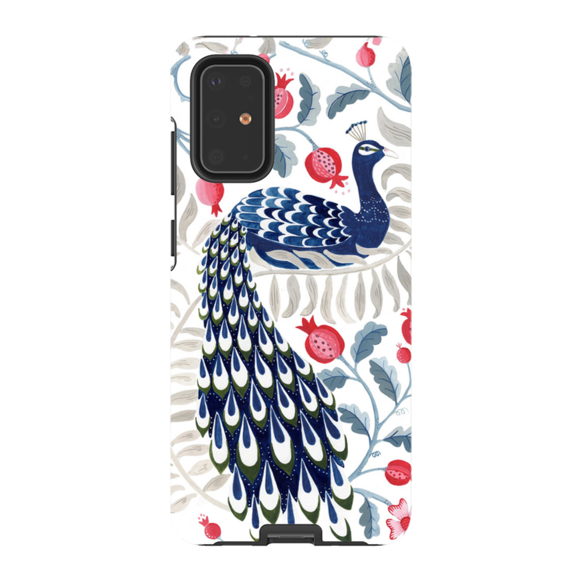 Samsung Tough Case featuring a blue peacock and red pomegranate art print on a dual-layer protective phone cover.