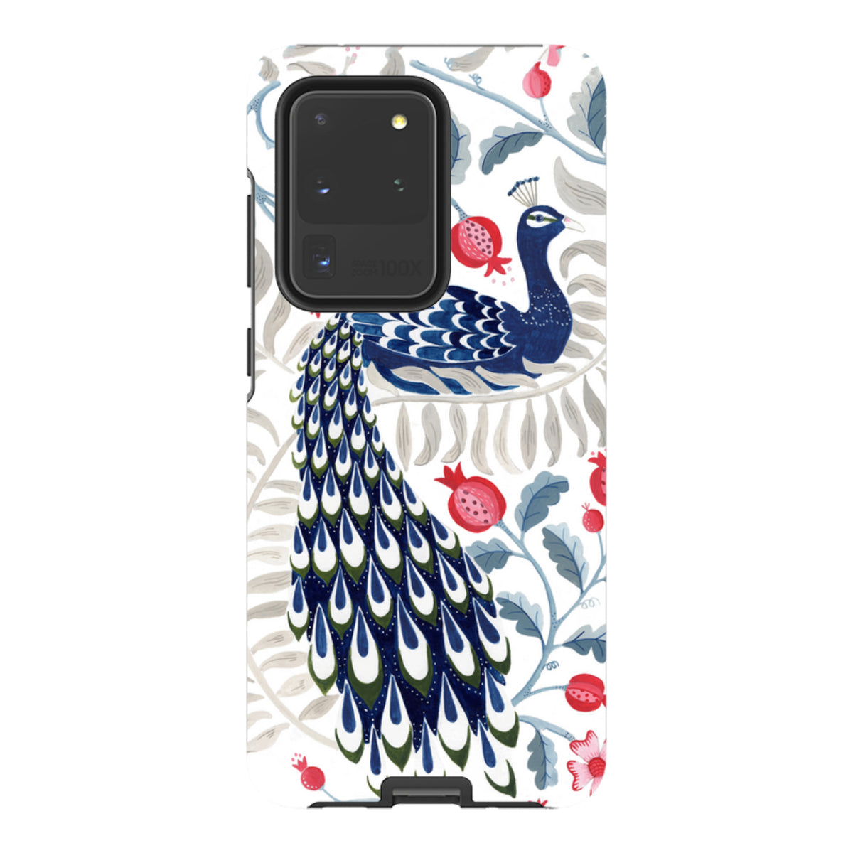 Samsung Galaxy tough case featuring a blue peacock and red pomegranate floral art by Bex Parkin on a white background.