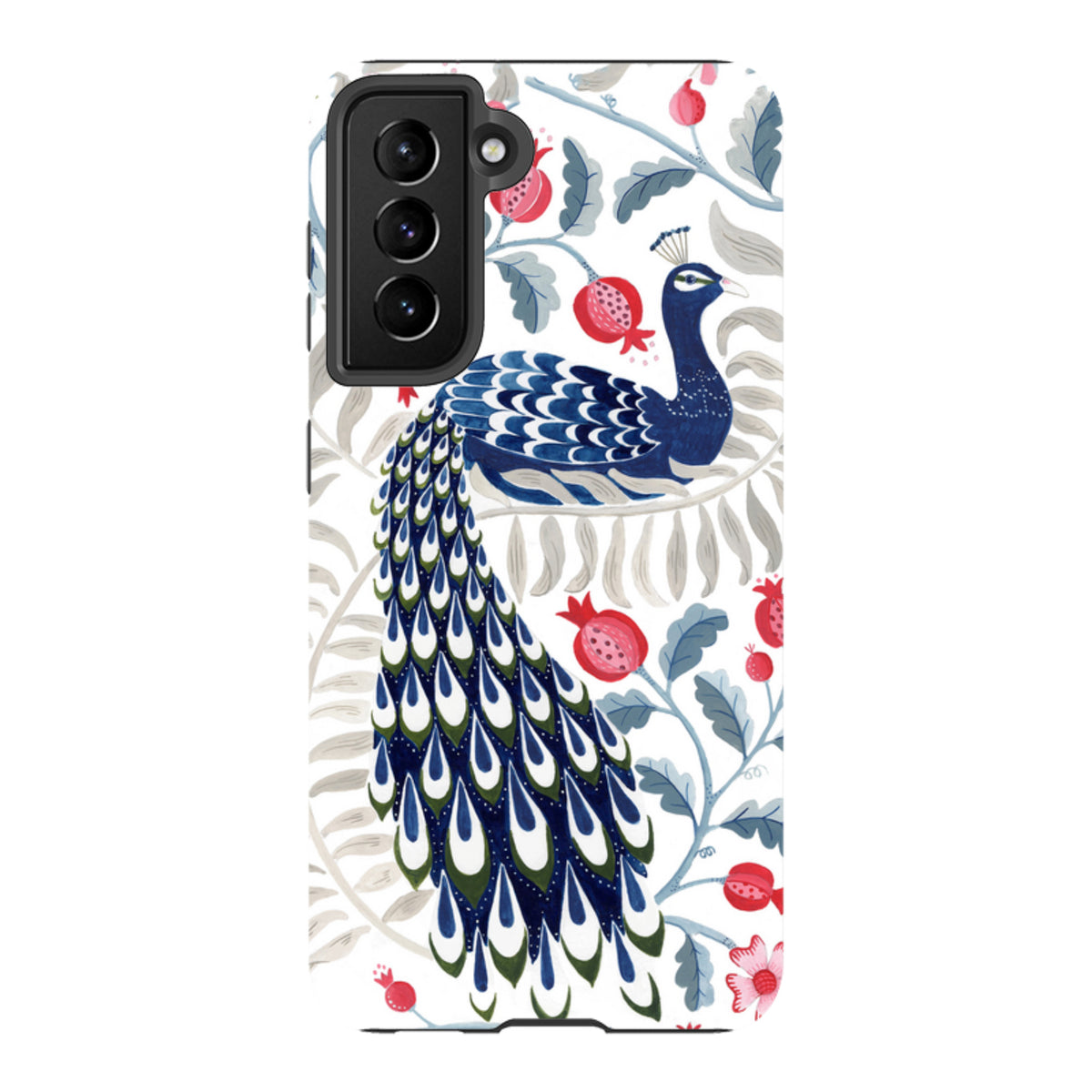 Samsung Tough Case featuring a vibrant peacock and pomegranate floral print on a white background with dual-layer protection.