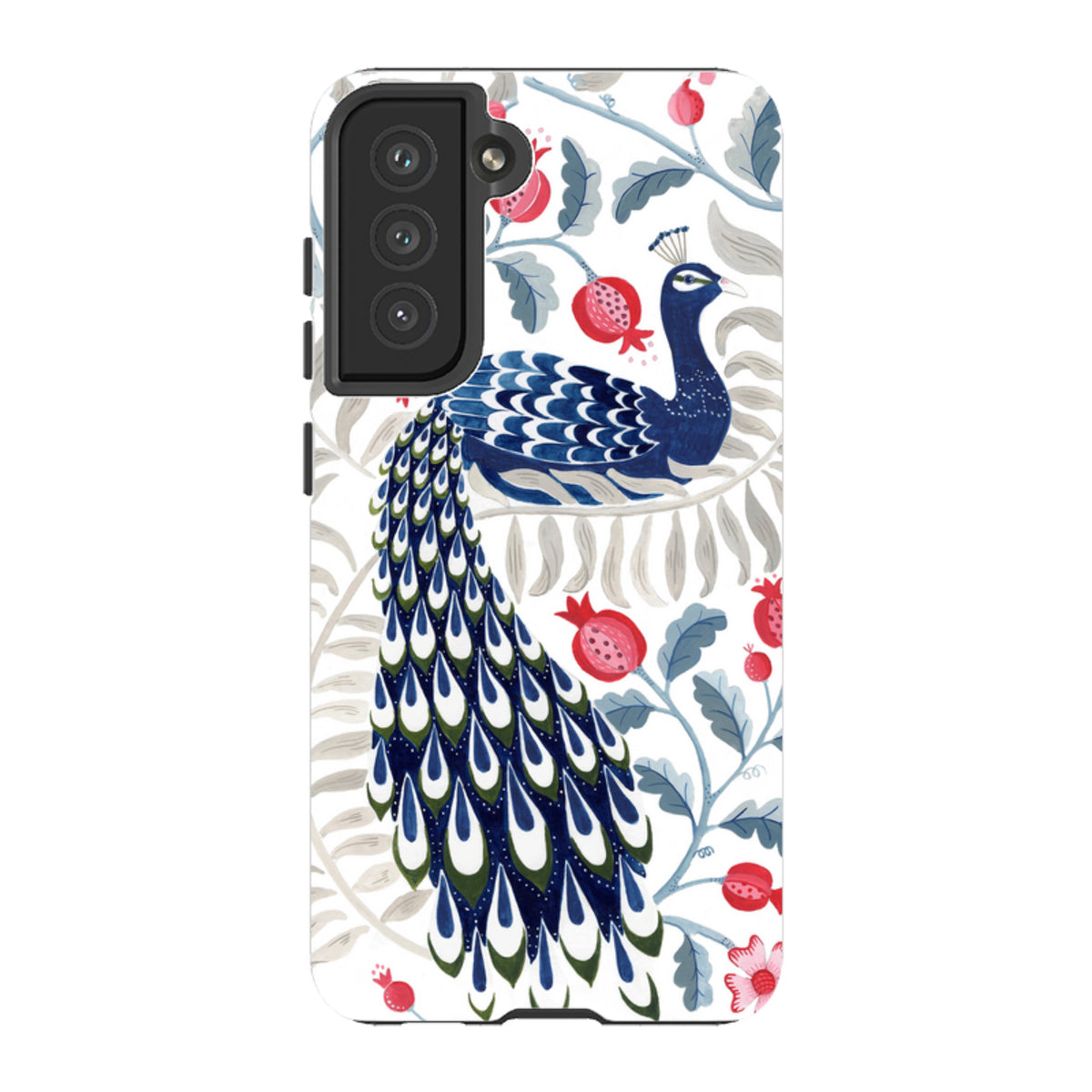 Samsung Tough Case featuring a blue peacock and red pomegranate floral art on a white background with dual-layer design.