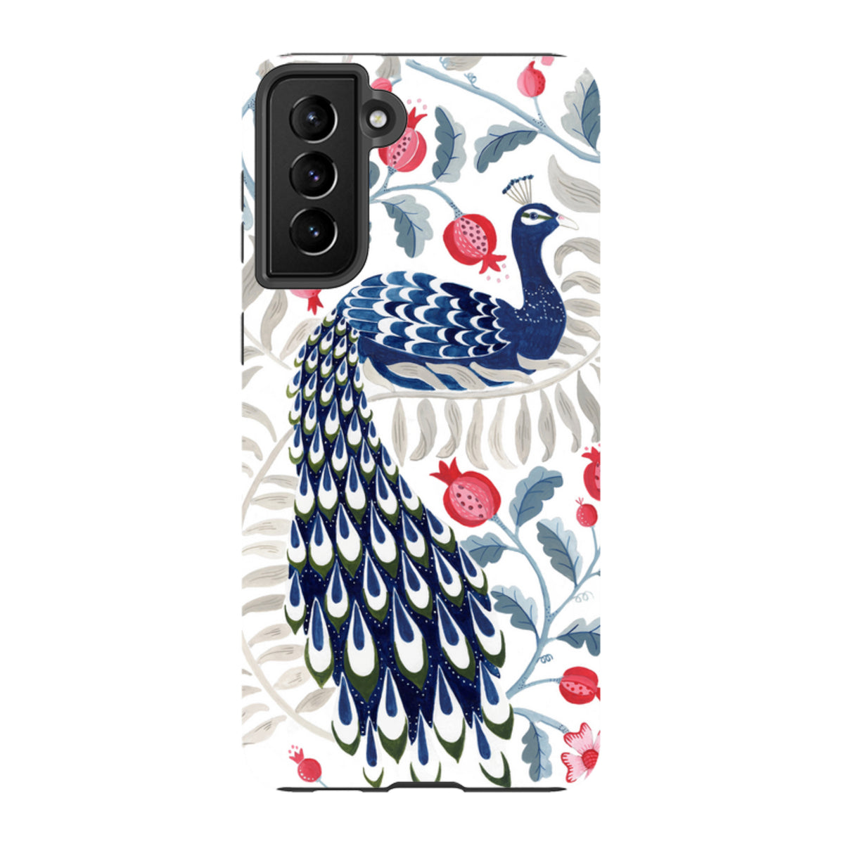 Samsung Tough Case featuring a vibrant peacock and red pomegranate art print on a durable dual-layer phone cover.