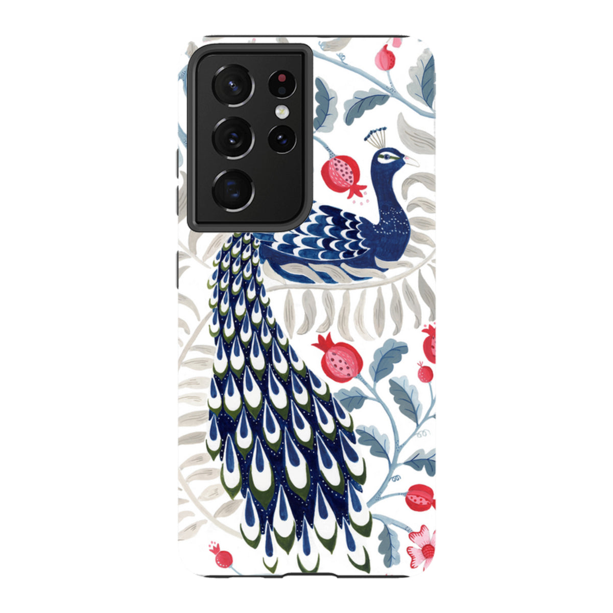 Samsung Tough Case featuring a vibrant blue peacock and red pomegranate floral art on a white background.