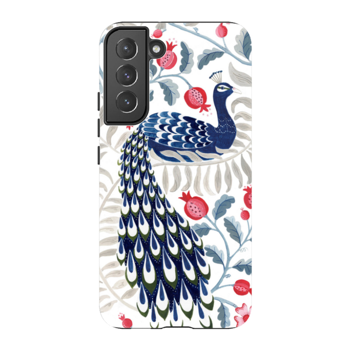 Samsung Galaxy tough case featuring a vibrant blue peacock and red pomegranate floral art by Bex Parkin.