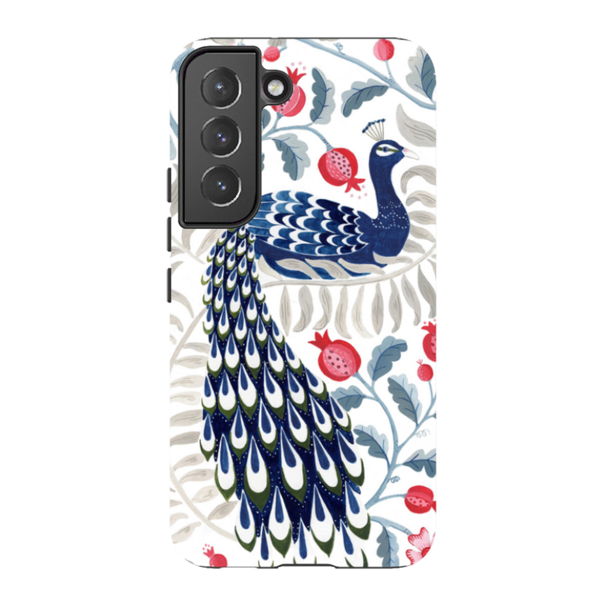 Samsung Galaxy tough case featuring a blue peacock and red pomegranate floral art print by Bex Parkin.