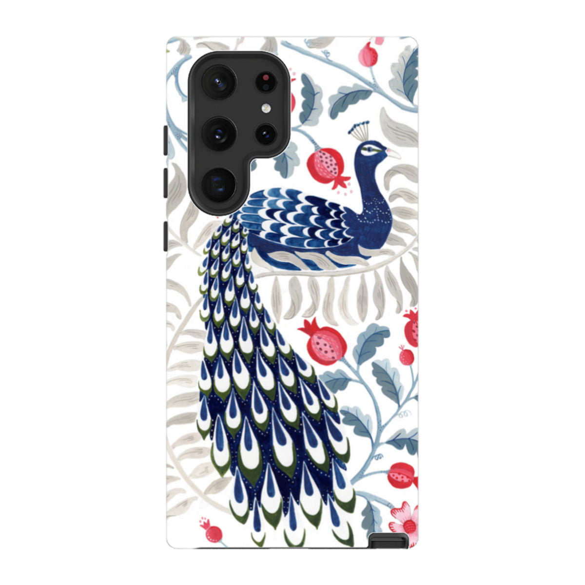 Samsung Tough Case featuring a vibrant blue peacock and red pomegranate floral design on a white background.